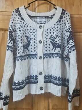 Old Navy White And Navy Blue Fair Isle Reindeer Cardigan